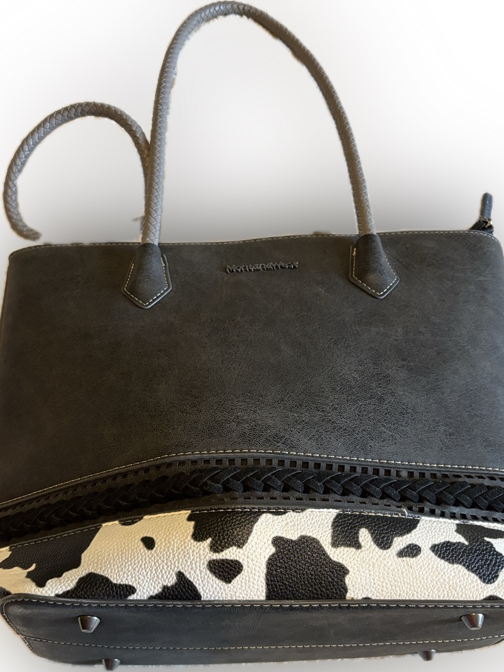 Montana West Black Tote with Black-and-White Cowhide Accent